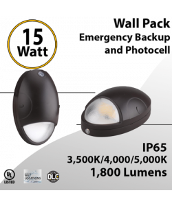  LED Emergency Wall Pack with Photocell & 90-Min Backup - 15W 