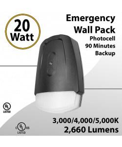 Emergency Wall Pack 20W - Photocell - 90M Backup Light 2660Lm 3/4/5K