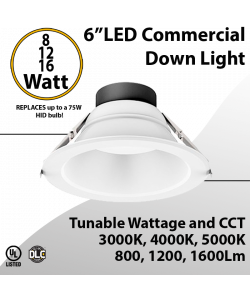 LED Downlight 6 inch 8W/12W/16W 1600Lm 30K/40K/50K 0-10V Dimmable