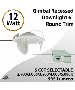 LED Gimbal Recessed Downlight 6" 12W 2700K to 5000K Triac Dimmable