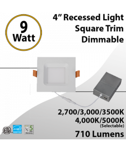 Recessed LED Light Fixture - 4" 9W Square Trim CCT Triac Dimmable