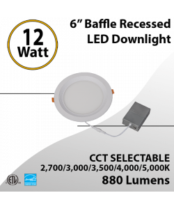 Dimmable Baffle Recessed Downlight Round 6" 12W 