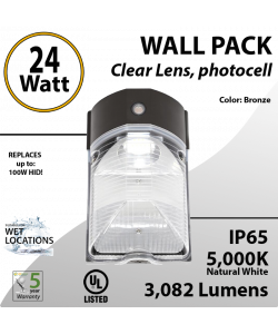 LED Wall Pack light 24W 3082Lm 5000K IP65 UL W/Photocell
