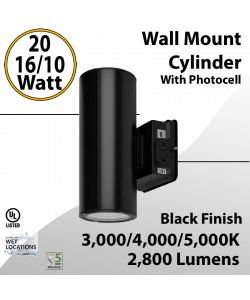 LED Wall Mount Cylinder Light 10/16/20W 3CCT 2800Lm Photocell Black Finish