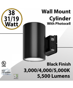 LED Wall Mount Cylinder Light 19/31/38W 3CCT 5500Lm Photocell Black Finish