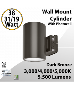 LED Wall Mount Cylinder Light 19/31/38W 3CCT 5500Lm Photocell