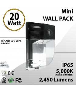 20W LED Mini Wall Pack 2450 Lumens 5000K IP65 with Photocell