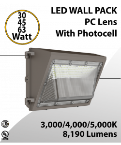 LED Wall Pack PC Lens 30/45/63W 3000K/4000K/5000K w/Photocell