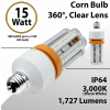 LED Corn Bulb 15 Watt 1727 Lm 3000K E26 IP64 ETL DLC